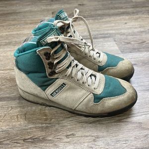 Vintage Merrell Hiking Boots Sneakers Athletic High Top Lace Up Beige Green Sz 9